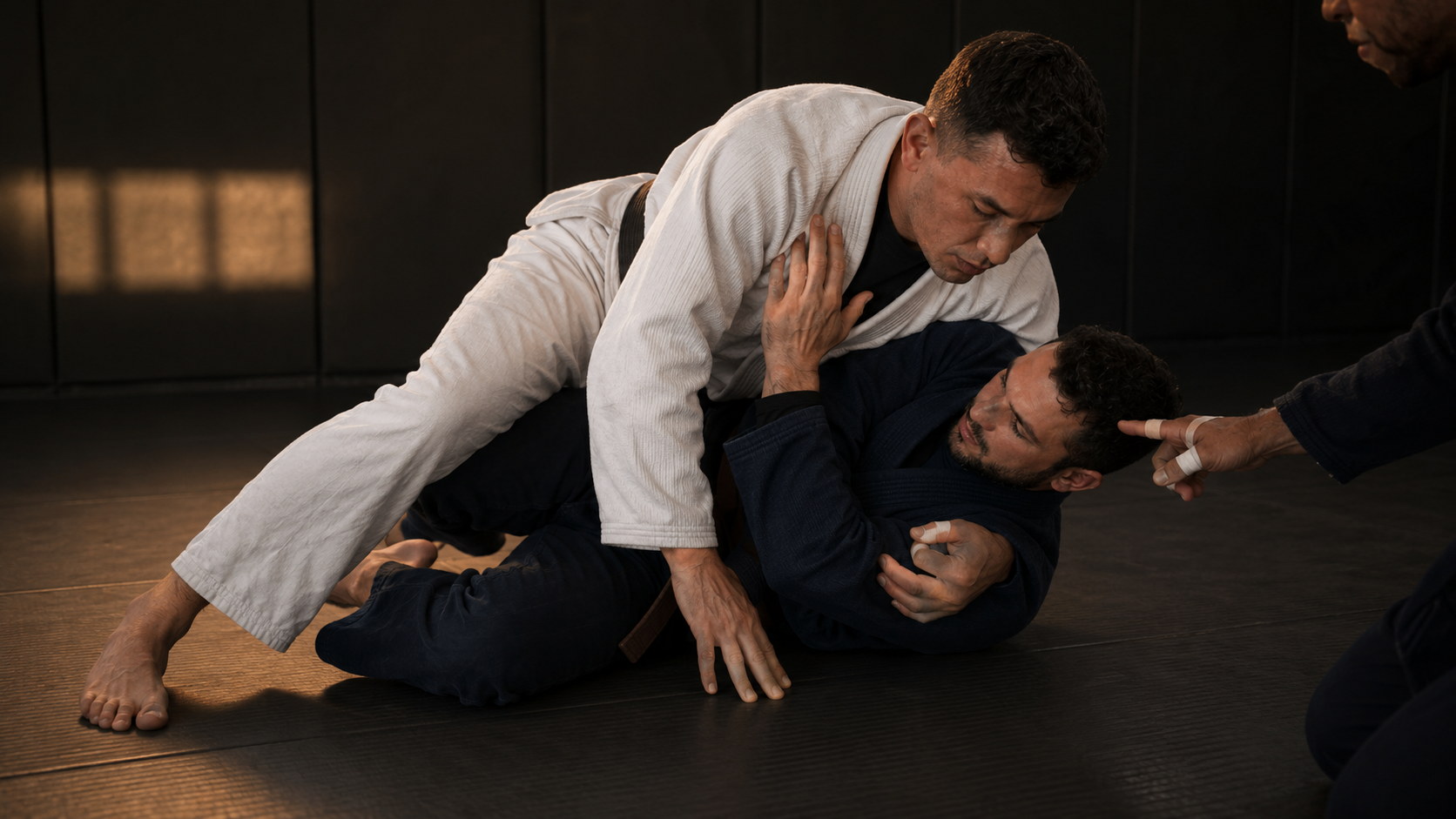 Rows of men drilling technique together across the mats