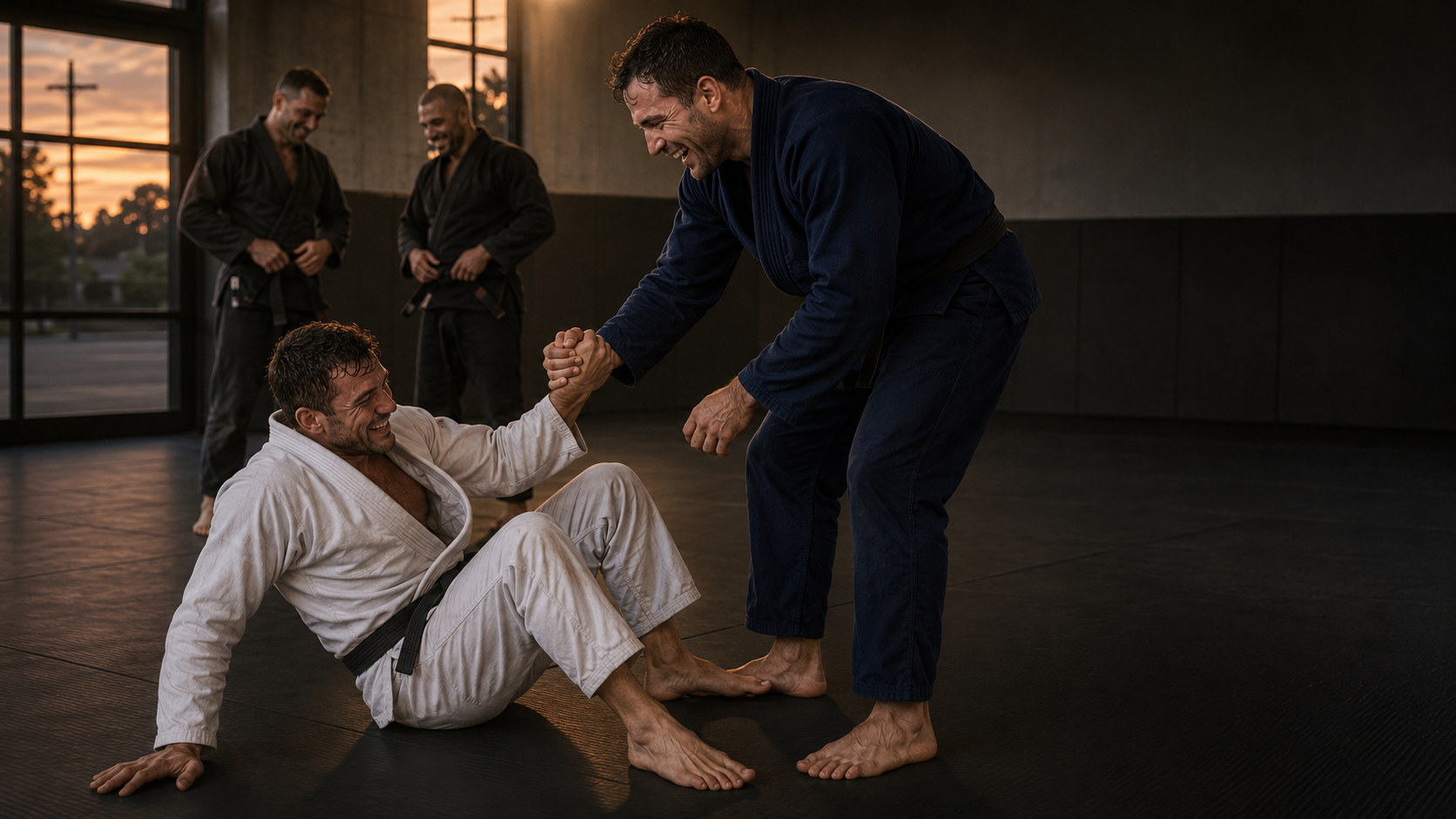 A training partner reaching down to help another man up off the mat