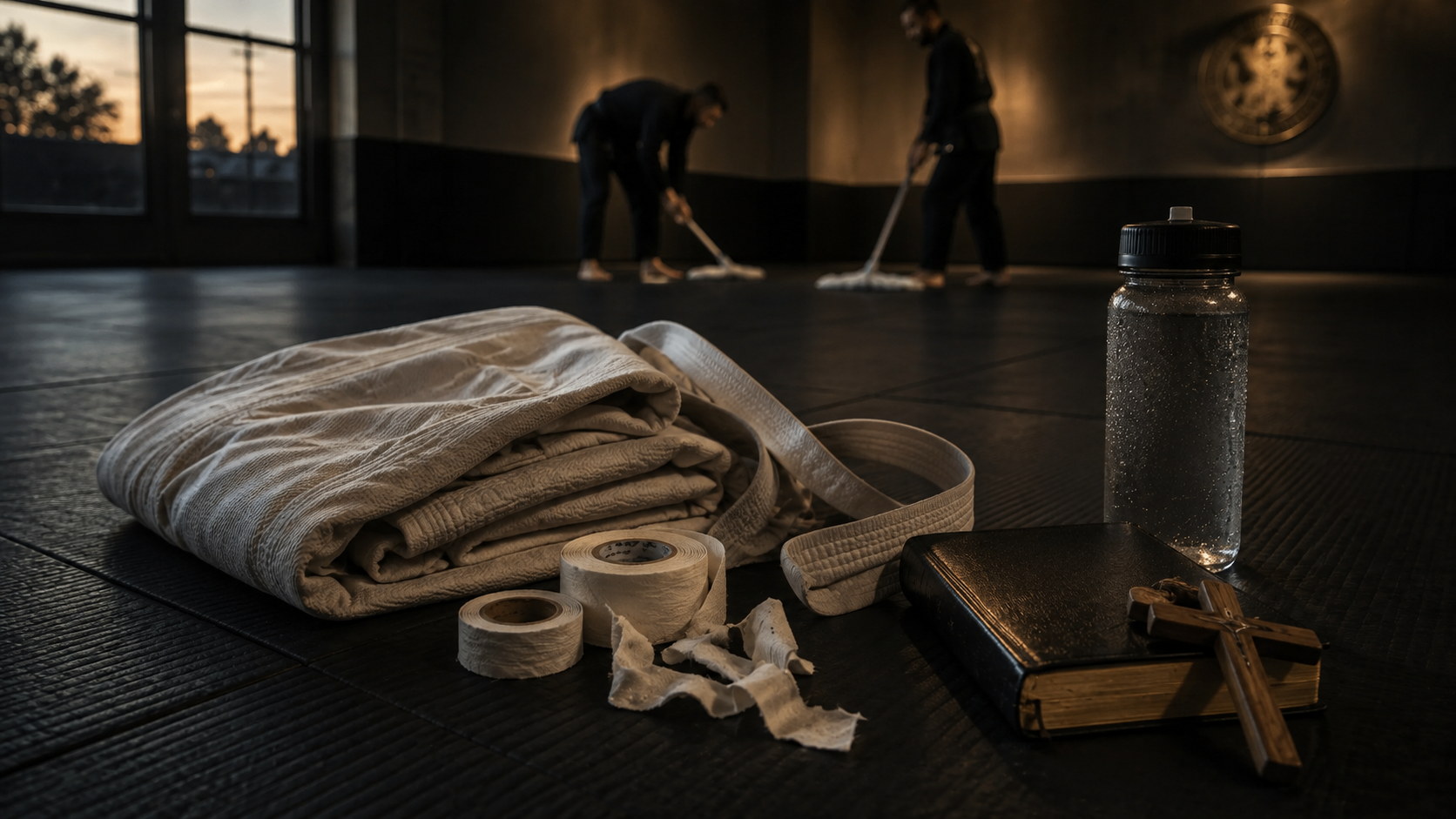 Men wiping down the mats together after training